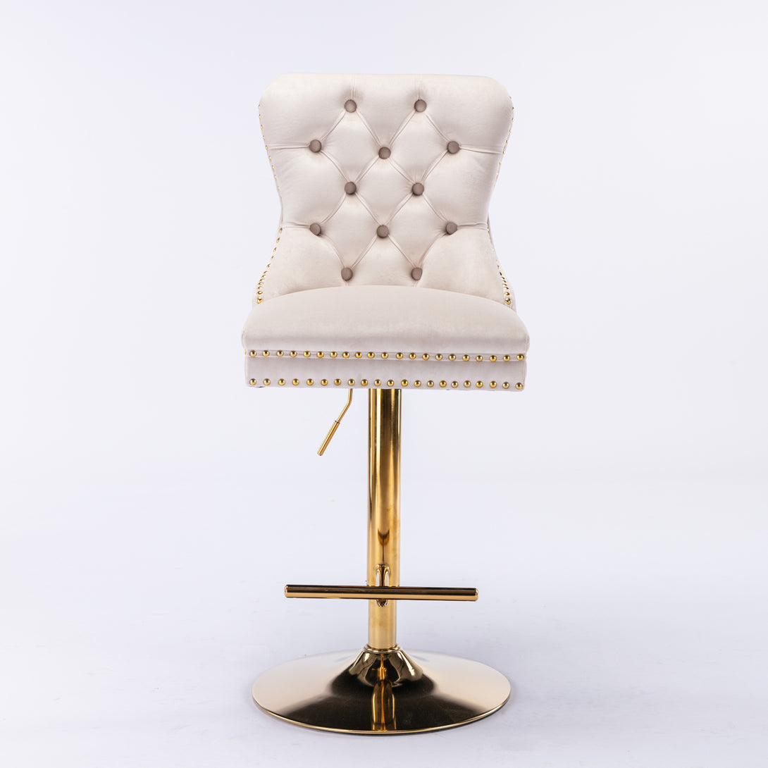 Set of 2 Height Adjustable Upholstered Tufted Velvet Armless Bar Stools with Gold Details- Beige_2