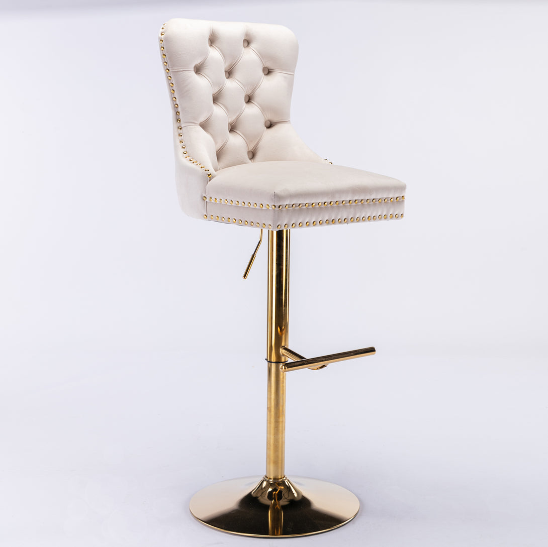 Set of 2 Height Adjustable Upholstered Tufted Velvet Armless Bar Stools with Gold Details- Beige_8