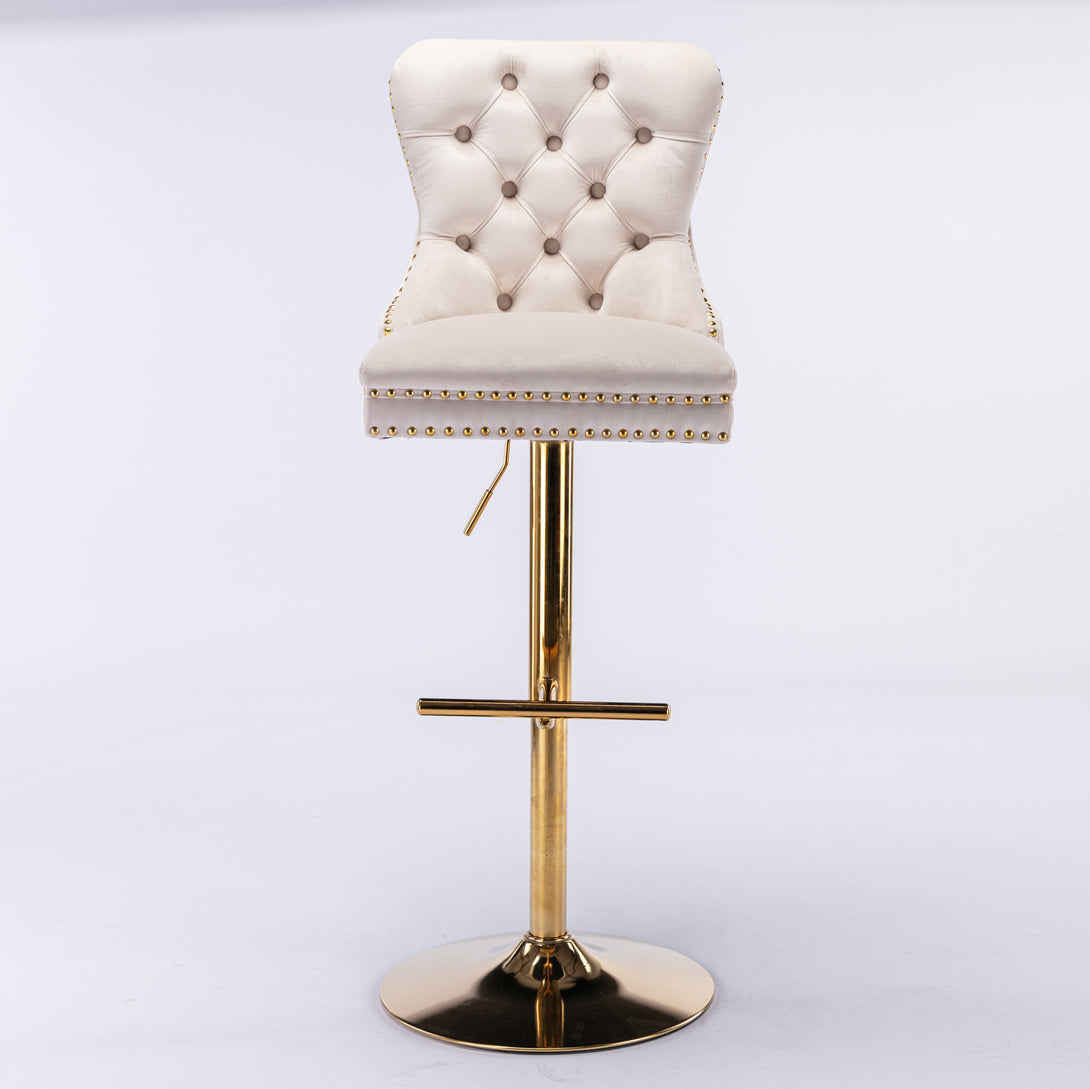 Set of 2 Height Adjustable Upholstered Tufted Velvet Armless Bar Stools with Gold Details- Beige_9