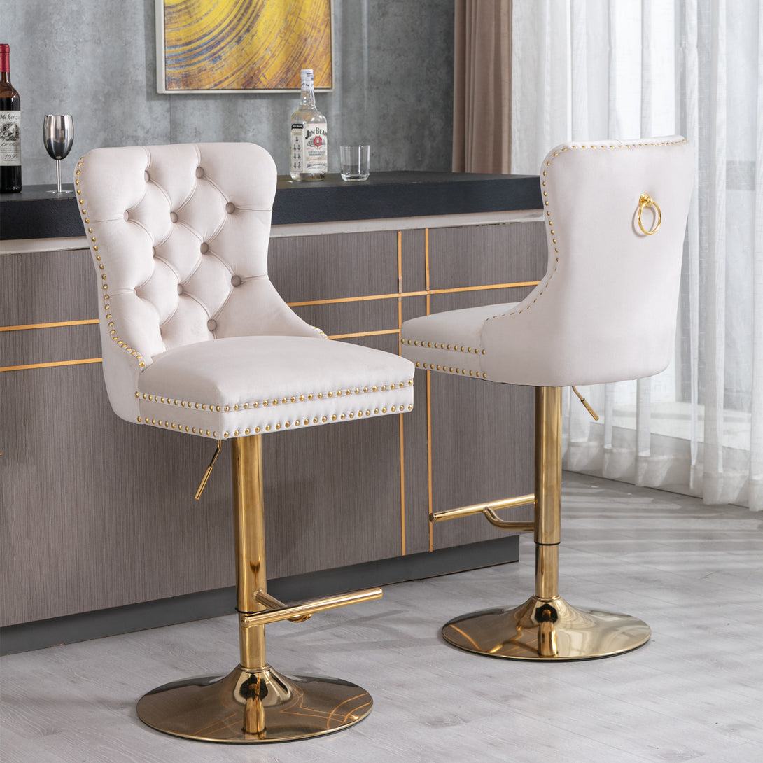 Set of 2 Height Adjustable Upholstered Tufted Velvet Armless Bar Stools with Gold Details- Beige_17