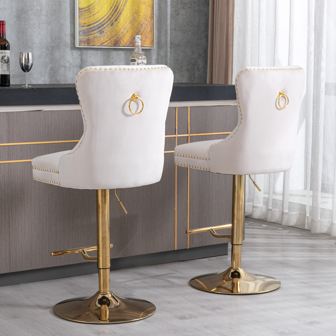 Set of 2 Height Adjustable Upholstered Tufted Velvet Armless Bar Stools with Gold Details- Beige_21