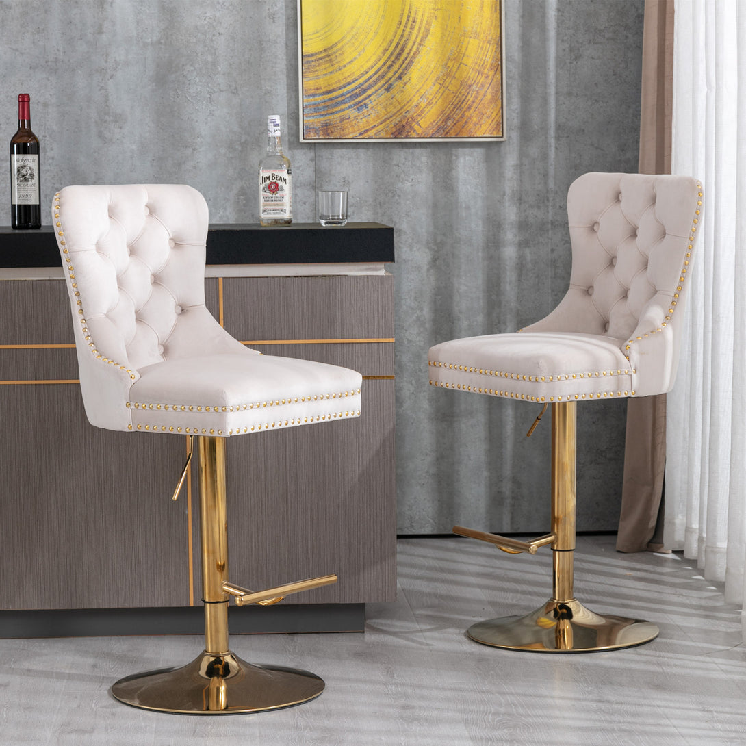 Set of 2 Height Adjustable Upholstered Tufted Velvet Armless Bar Stools with Gold Details- Beige_18