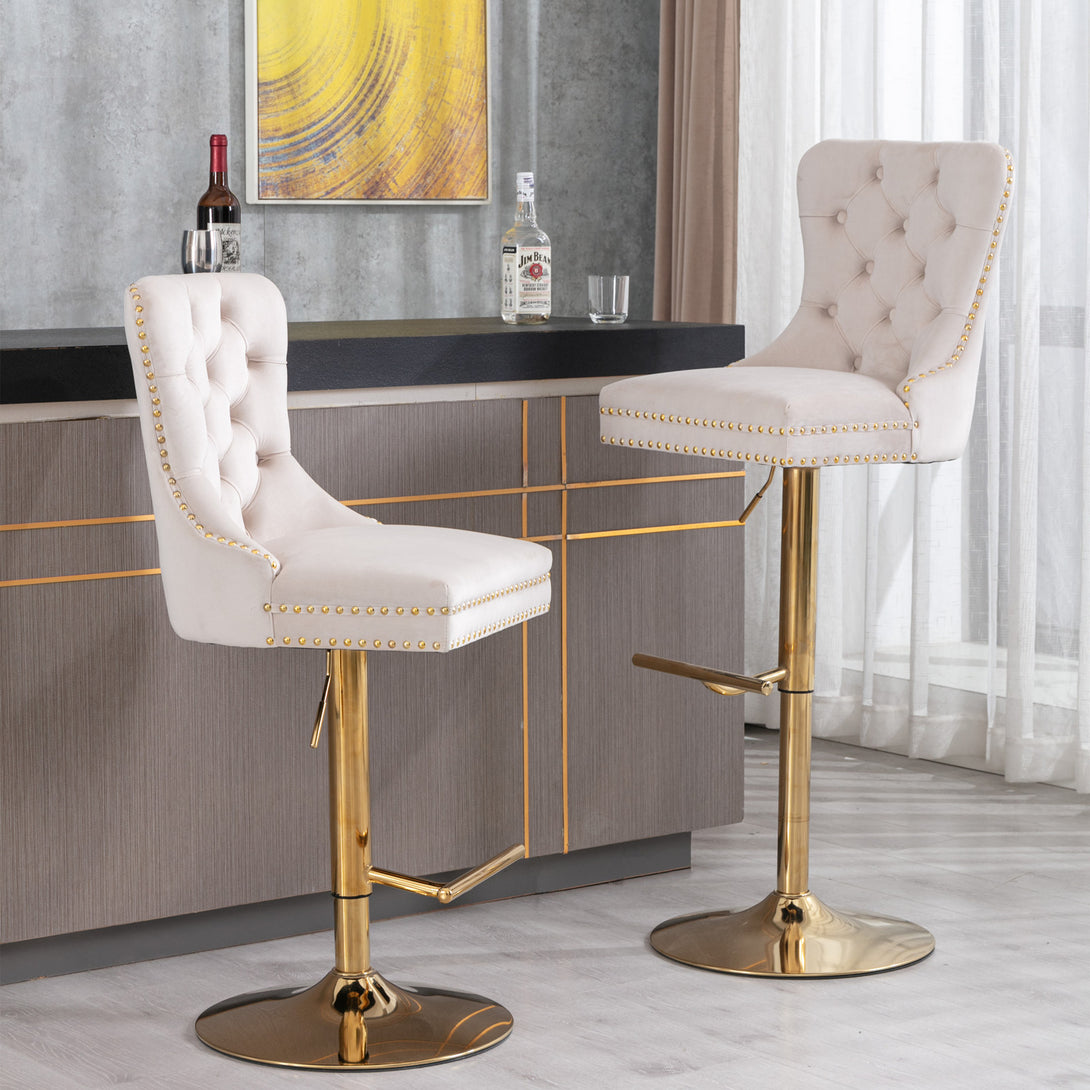 Set of 2 Height Adjustable Upholstered Tufted Velvet Armless Bar Stools with Gold Details- Beige_19