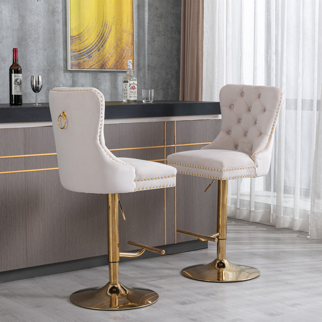 Set of 2 Height Adjustable Upholstered Tufted Velvet Armless Bar Stools with Gold Details- Beige_20