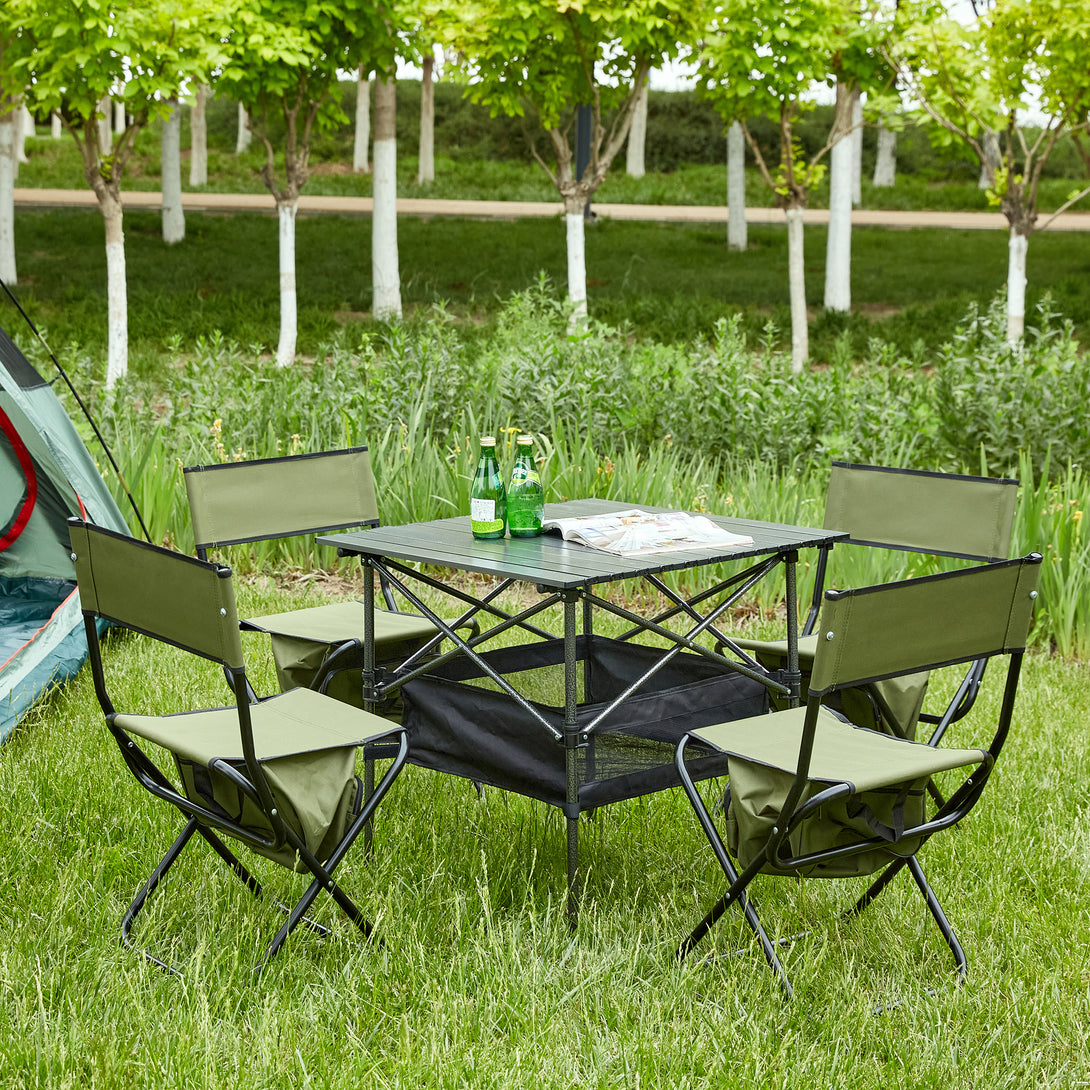 Set of 5 Outdoor Camping Foldable Chair and Roll up Portable Table- Black+Green_1