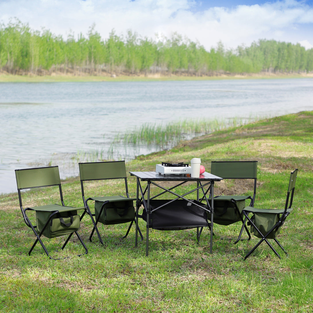 Set of 5 Outdoor Camping Foldable Chair and Roll up Portable Table- Black+Green_2