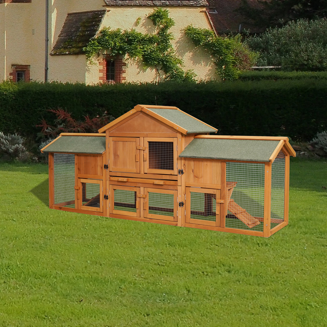 Double Storey Wooden Elevated Rabbit Hutch with Ramp and Mesh Runway_0