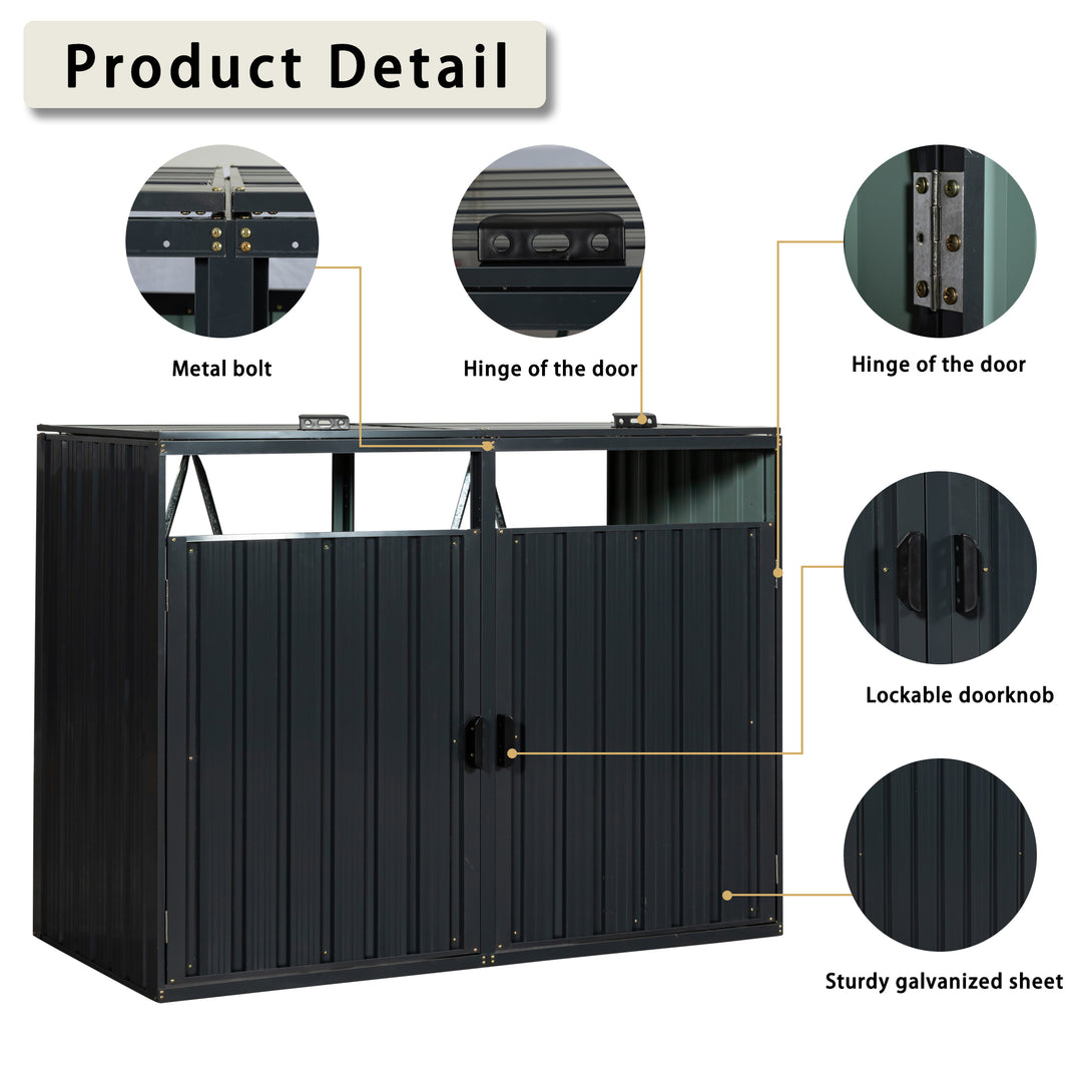 2 Trash Bin Capacity Outdoor Garbage Bin Galvanized Sheet Metal Storage Shed- Black_8