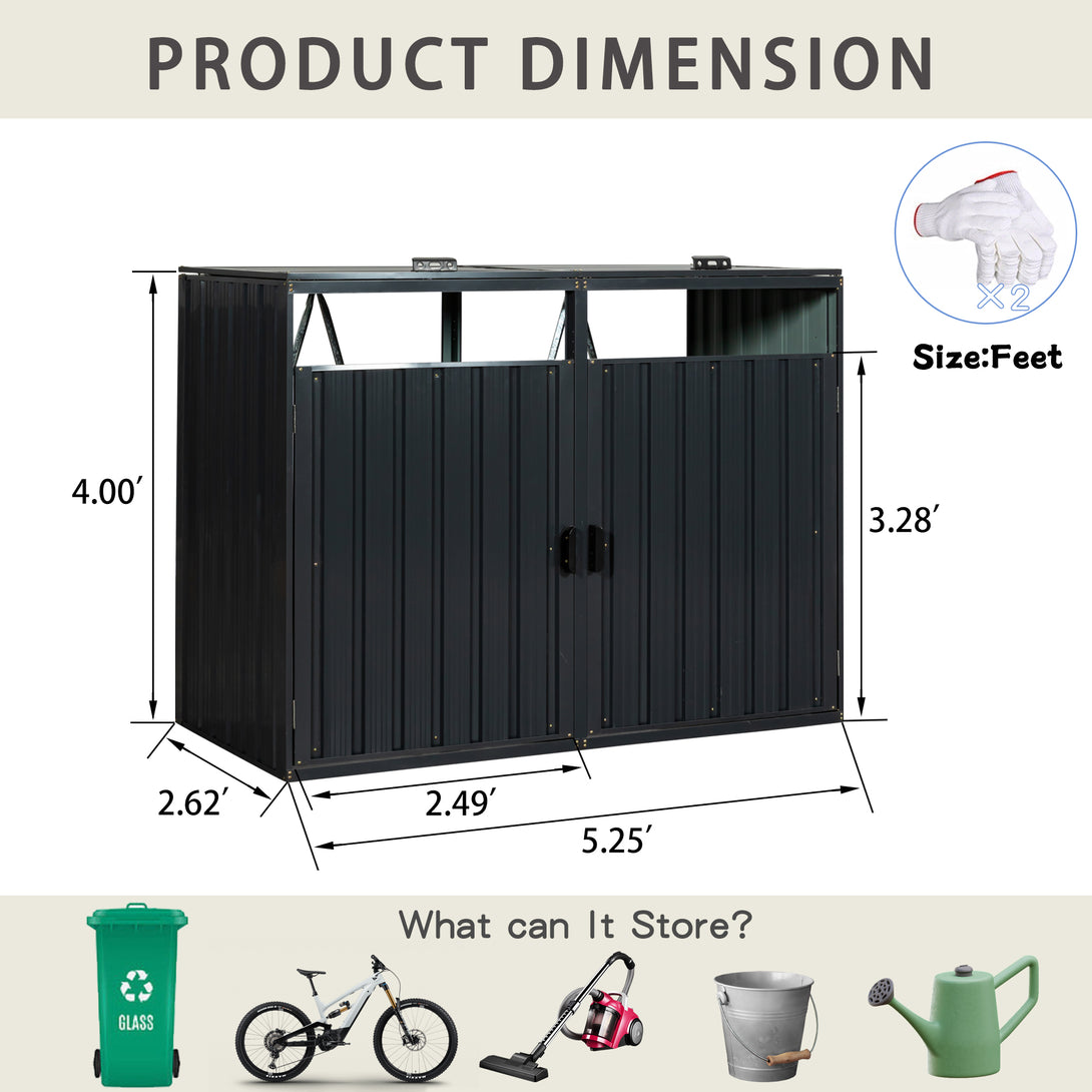 2 Trash Bin Capacity Outdoor Garbage Bin Galvanized Sheet Metal Storage Shed- Black_4