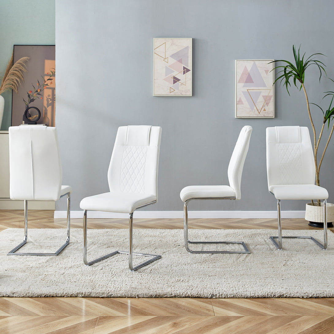 4 Pcs Faux Leather Upholstered High Back Dining Chairs with Metal Base- White_3