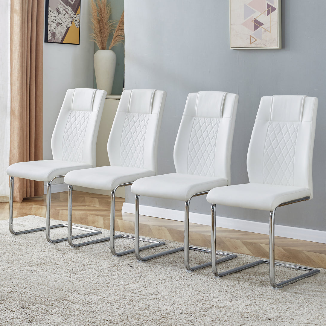 4 Pcs Faux Leather Upholstered High Back Dining Chairs with Metal Base- White_1