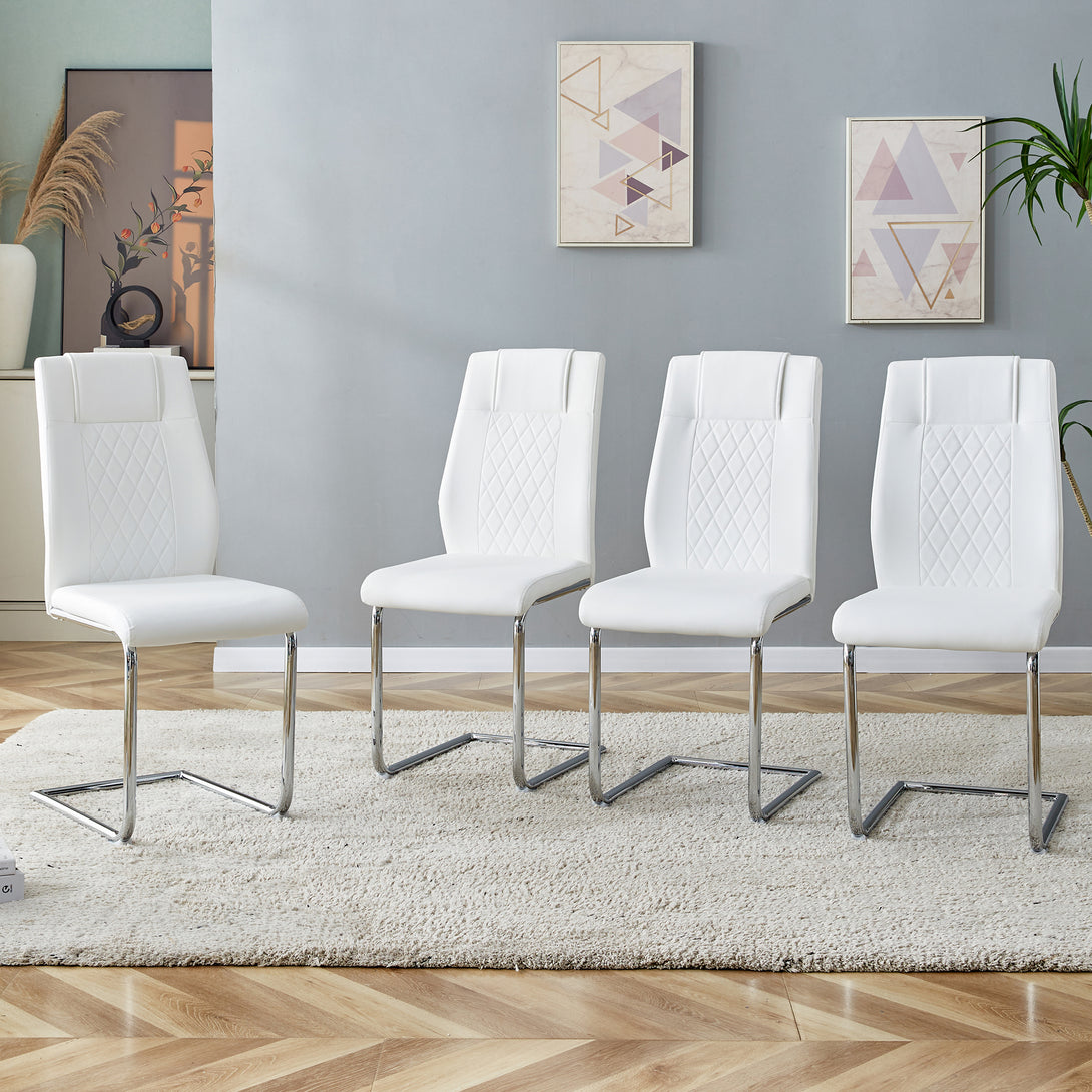 4 Pcs Faux Leather Upholstered High Back Dining Chairs with Metal Base- White_2