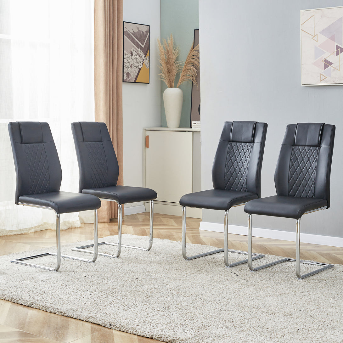 4 Pcs Faux Leather Upholstered High Back Dining Chairs with Metal Base- Black_1