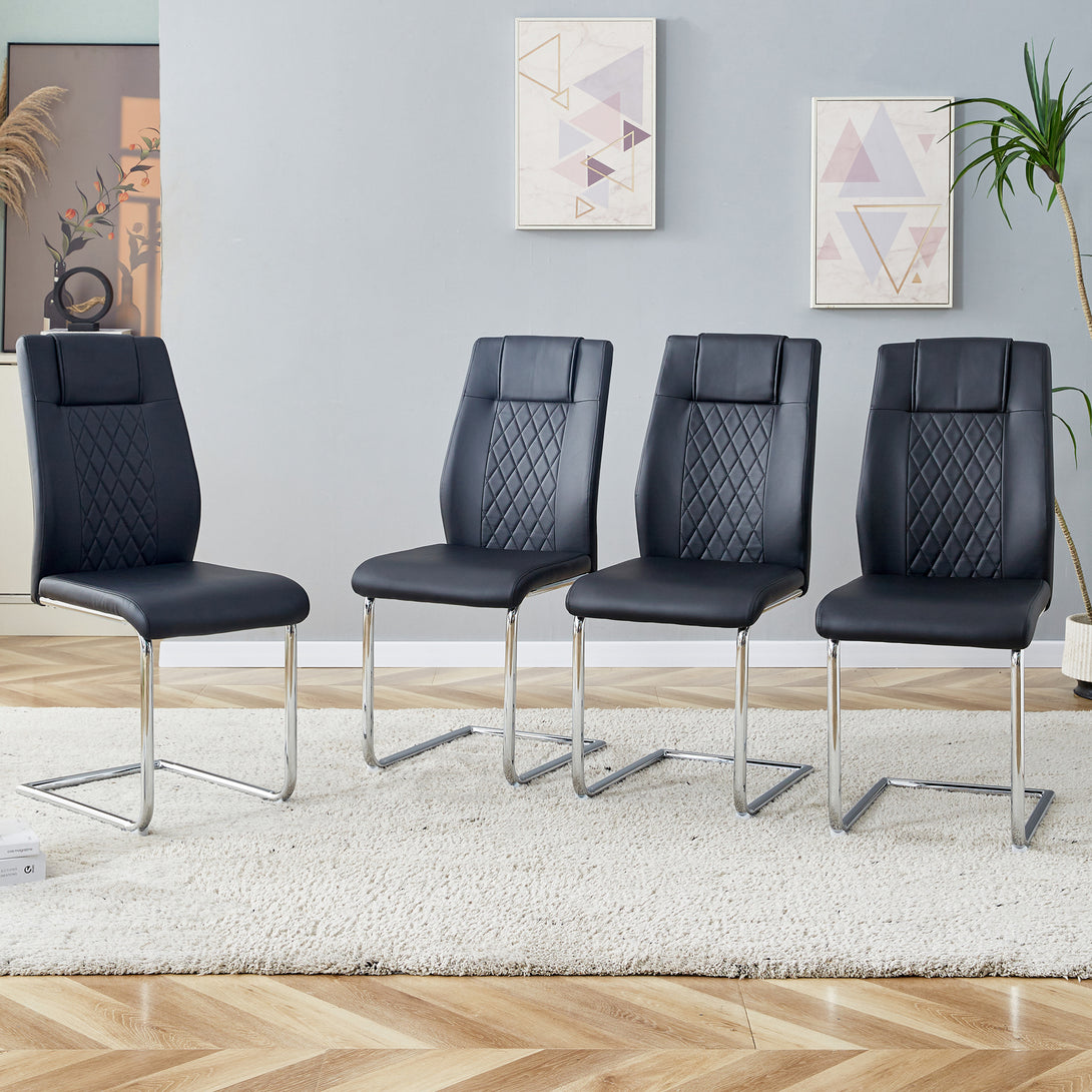 4 Pcs Faux Leather Upholstered High Back Dining Chairs with Metal Base- Black_2