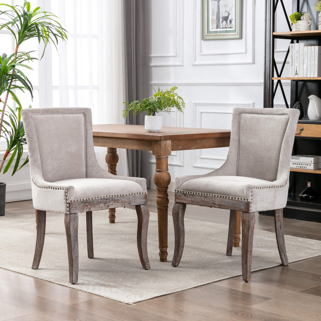 Mid-Century Modern Dining Accent Chair Set of 2 with Nailhead Trim- Beige_1