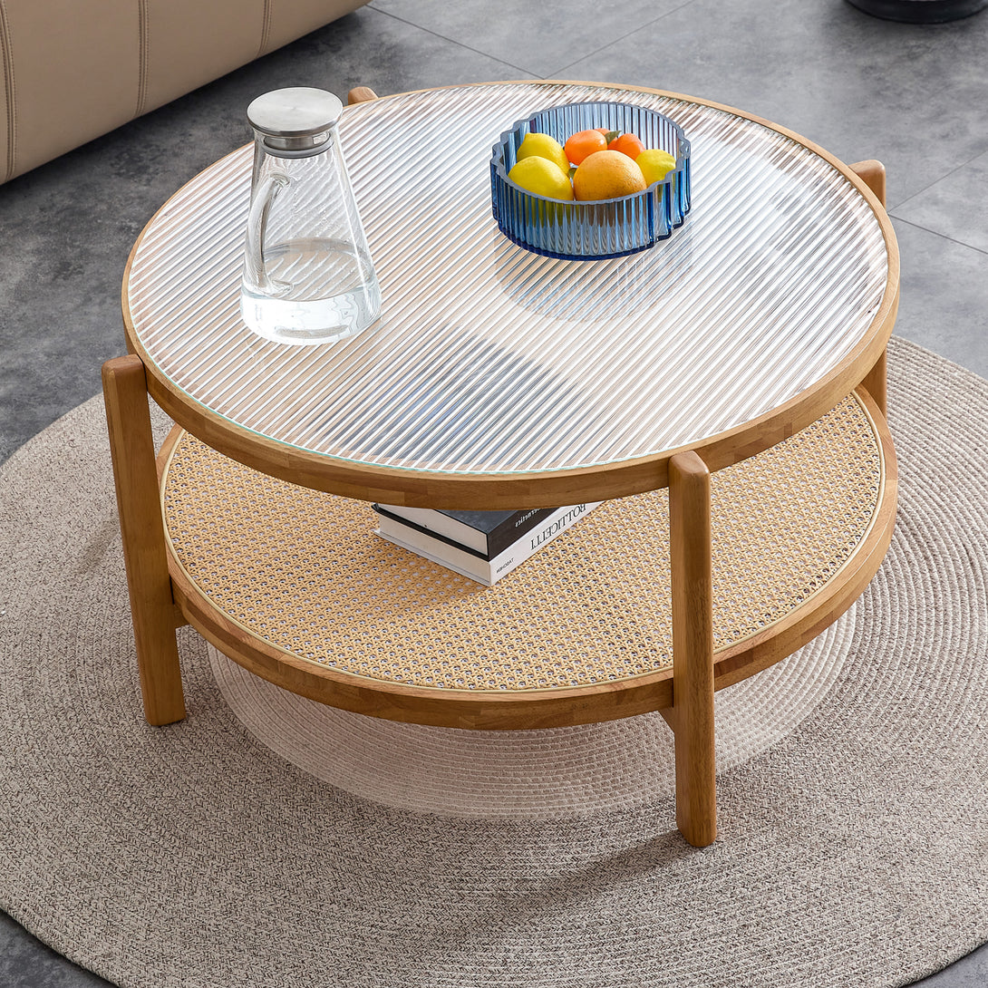 Modern and Simple Solid Wood Double Layered Circular Rattan Coffee Table- Natural_1