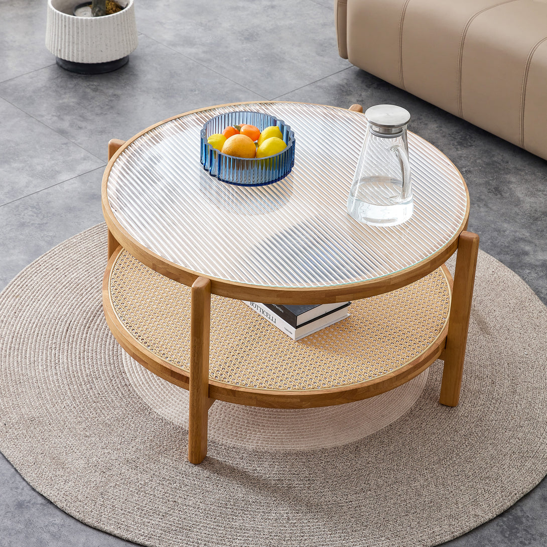 Modern and Simple Solid Wood Double Layered Circular Rattan Coffee Table- Natural_2