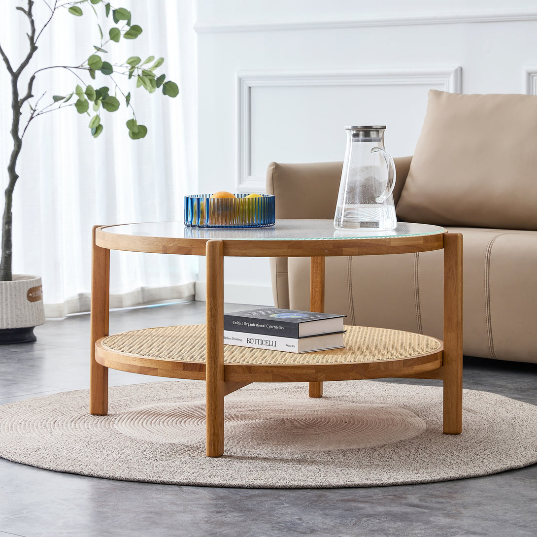 Modern and Simple Solid Wood Double Layered Circular Rattan Coffee Table- Natural_5