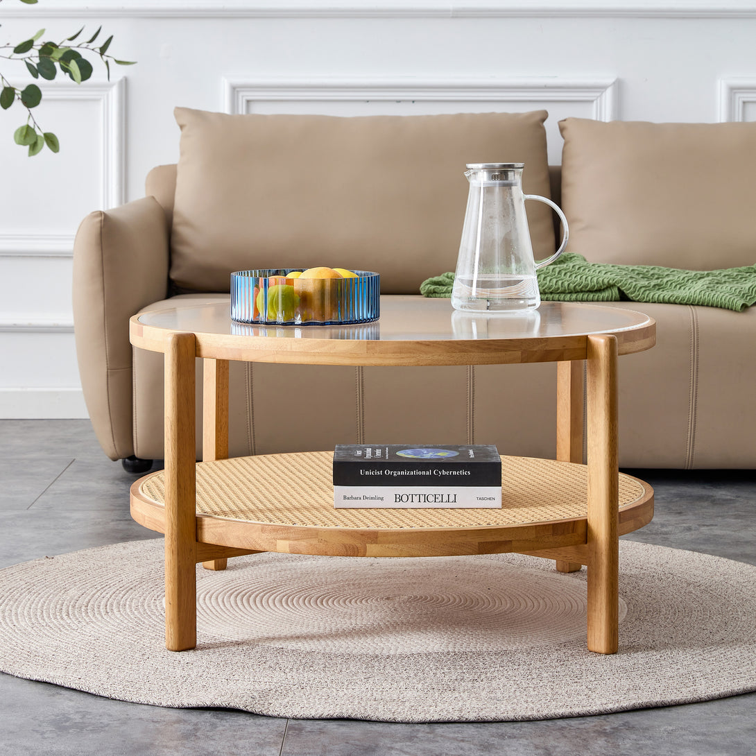 Modern and Simple Solid Wood Double Layered Circular Rattan Coffee Table- Natural_3