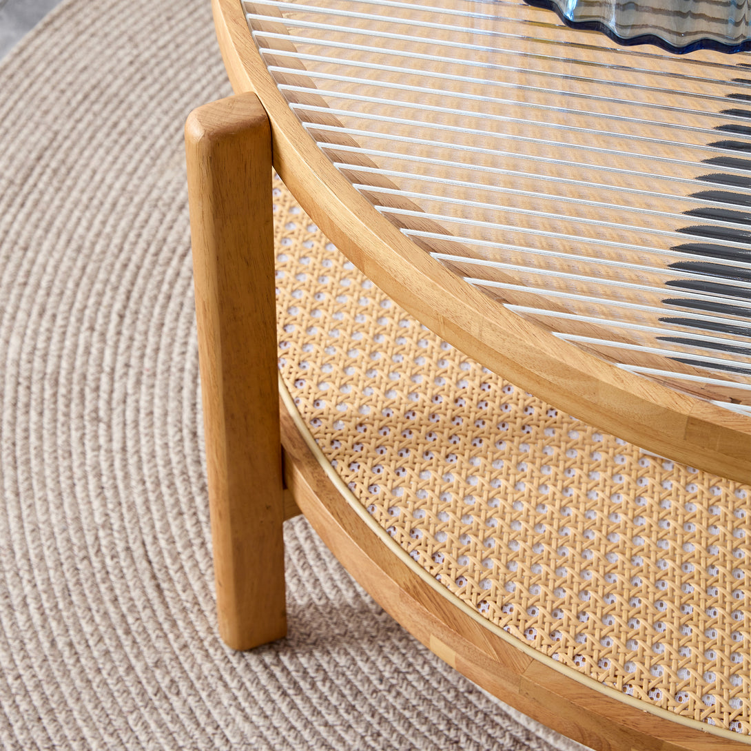 Modern and Simple Solid Wood Double Layered Circular Rattan Coffee Table- Natural_11