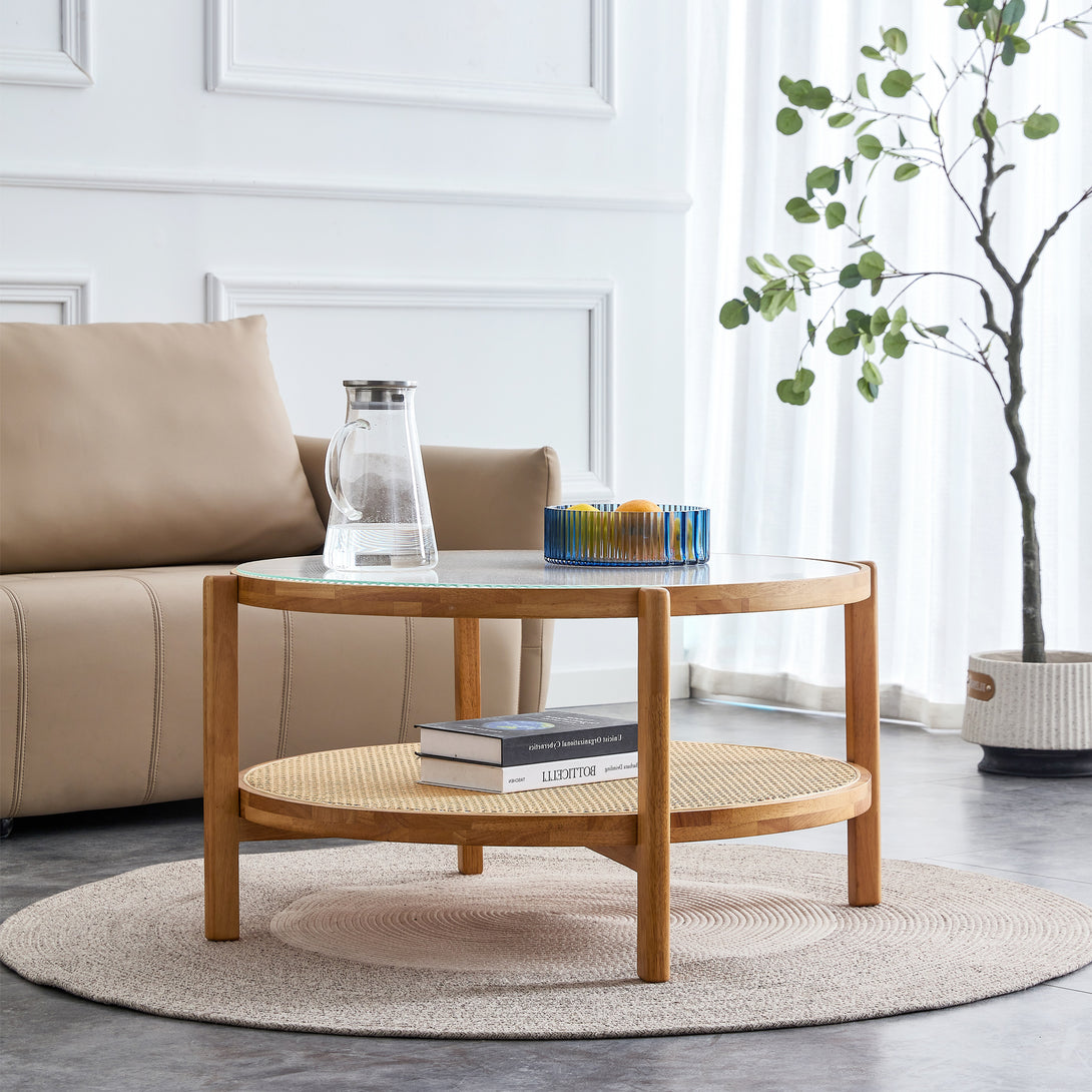 Modern and Simple Solid Wood Double Layered Circular Rattan Coffee Table- Natural_4