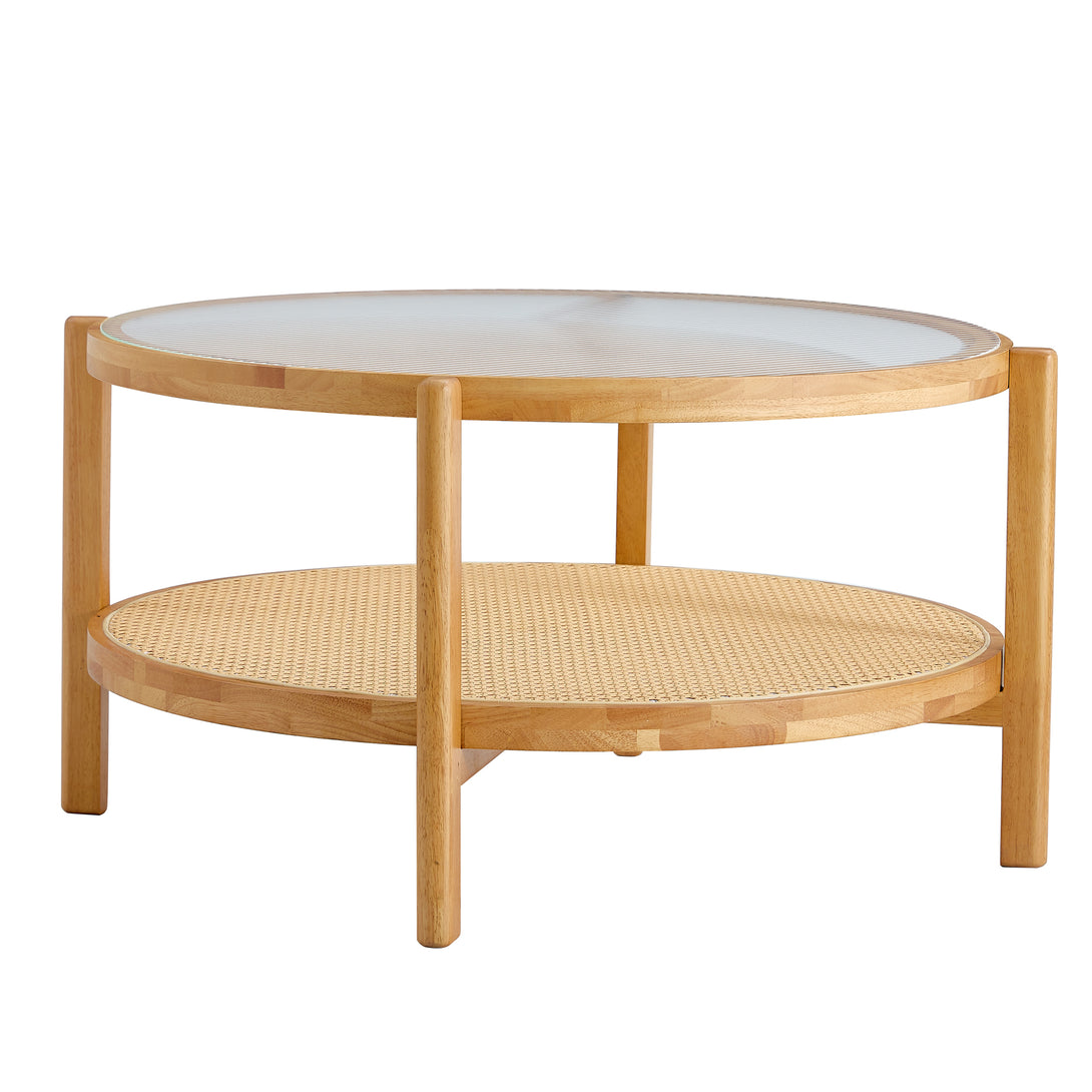 Modern and Simple Solid Wood Double Layered Circular Rattan Coffee Table- Natural_17