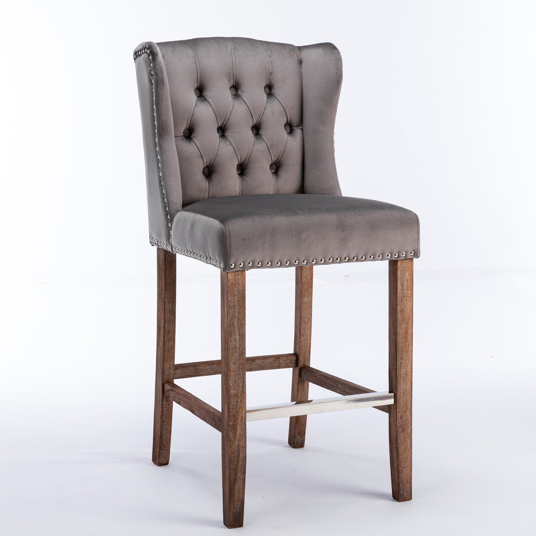 27" Upholstered Velvet Barstools Set of 2 with Nailhead Trim & Tufted Back- Grey_3