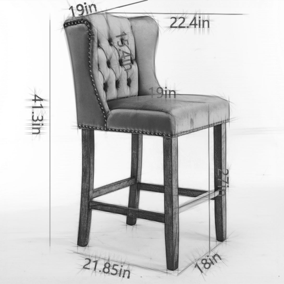 27" Upholstered Velvet Barstools Set of 2 with Nailhead Trim & Tufted Back- Grey_12