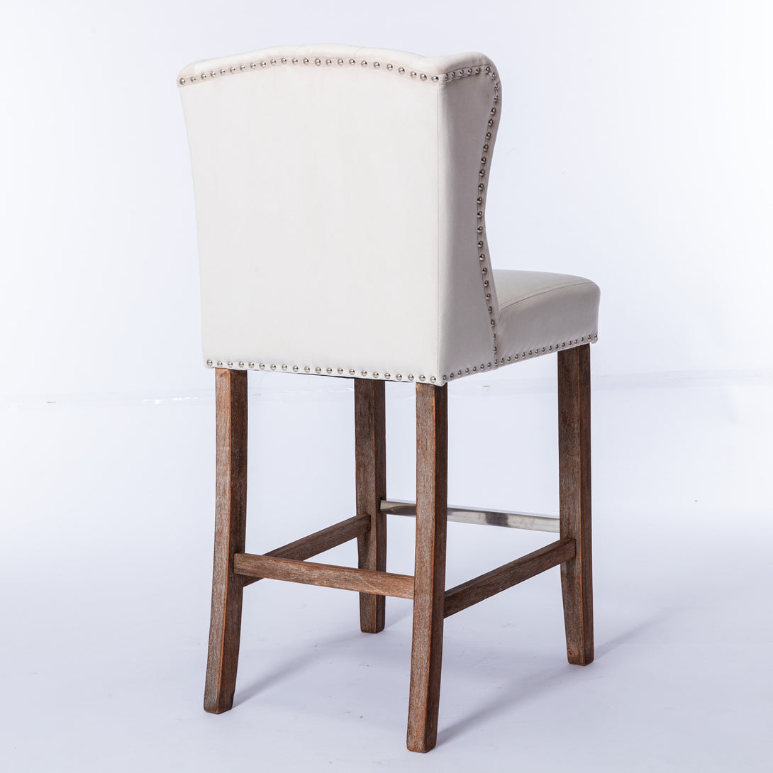 27" Upholstered Velvet Barstools Set of 2 with Nailhead Trim & Tufted Back- Beige_6