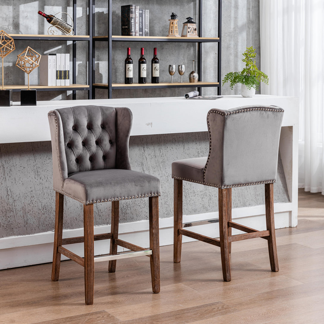 27" Upholstered Velvet Barstools Set of 2 with Nailhead Trim & Tufted Back- Grey_15