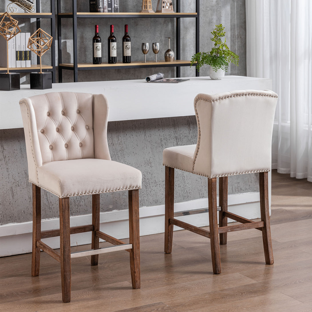 27" Upholstered Velvet Barstools Set of 2 with Nailhead Trim & Tufted Back- Beige_14