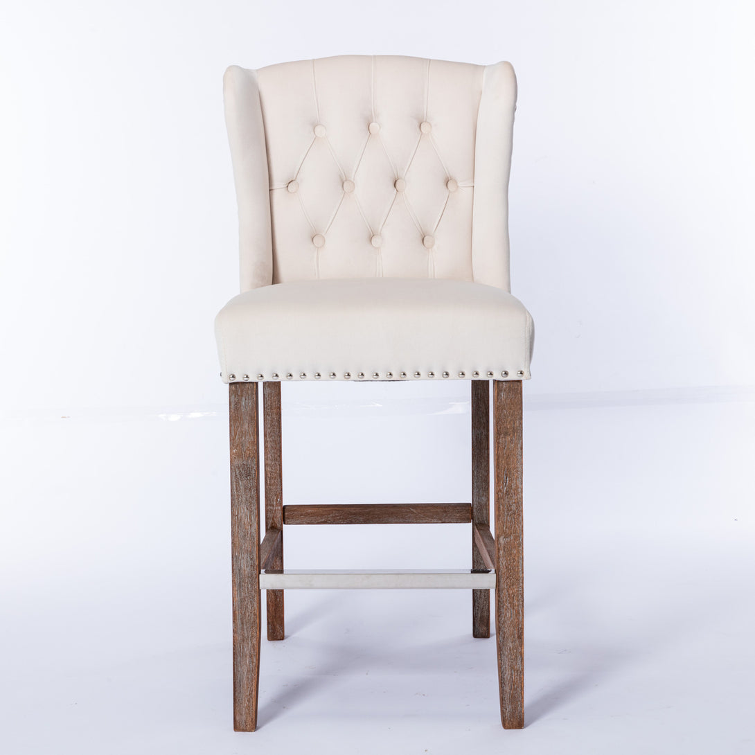 27" Upholstered Velvet Barstools Set of 2 with Nailhead Trim & Tufted Back- Beige_2