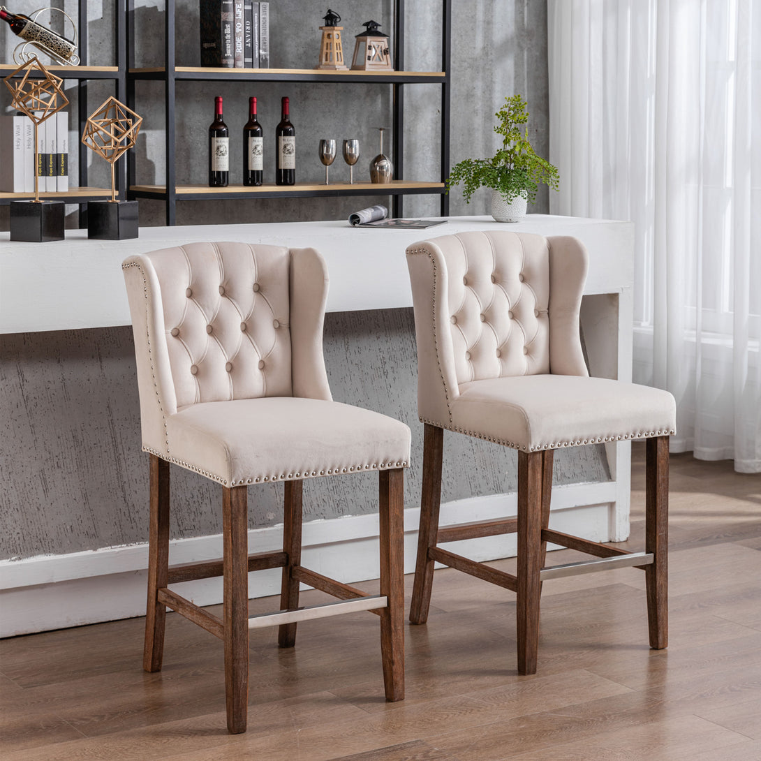 27" Upholstered Velvet Barstools Set of 2 with Nailhead Trim & Tufted Back- Beige_1