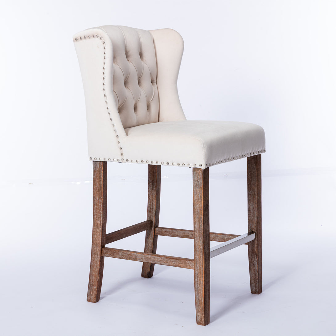 27" Upholstered Velvet Barstools Set of 2 with Nailhead Trim & Tufted Back- Beige_4