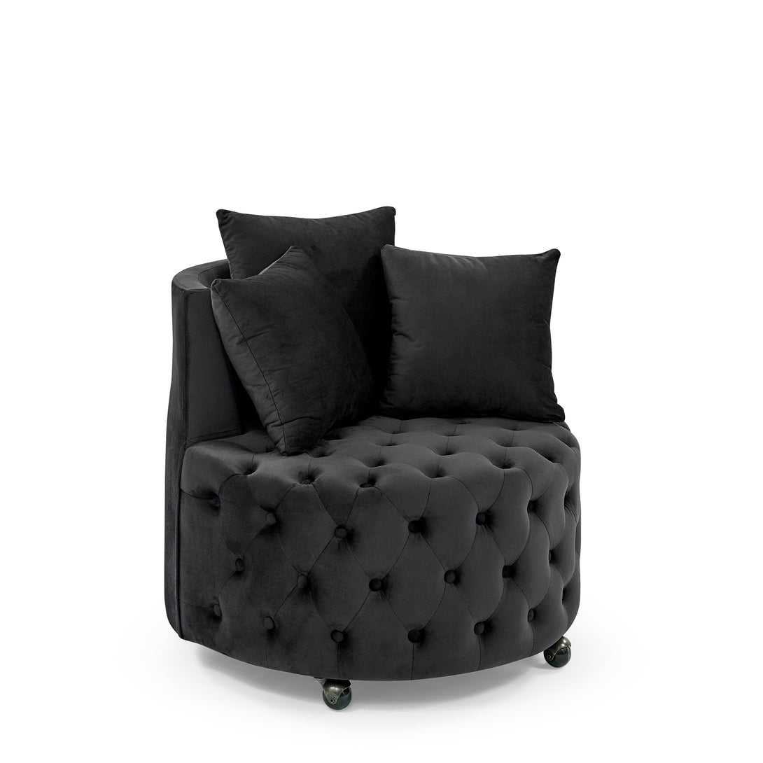 Button Tufted Design Swivel Accent Sofa Barrel Chair with Movable Wheels- Black_6