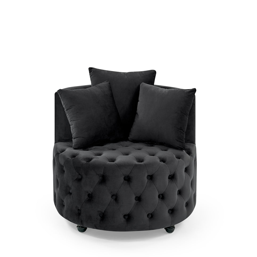 Button Tufted Design Swivel Accent Sofa Barrel Chair with Movable Wheels- Black_5