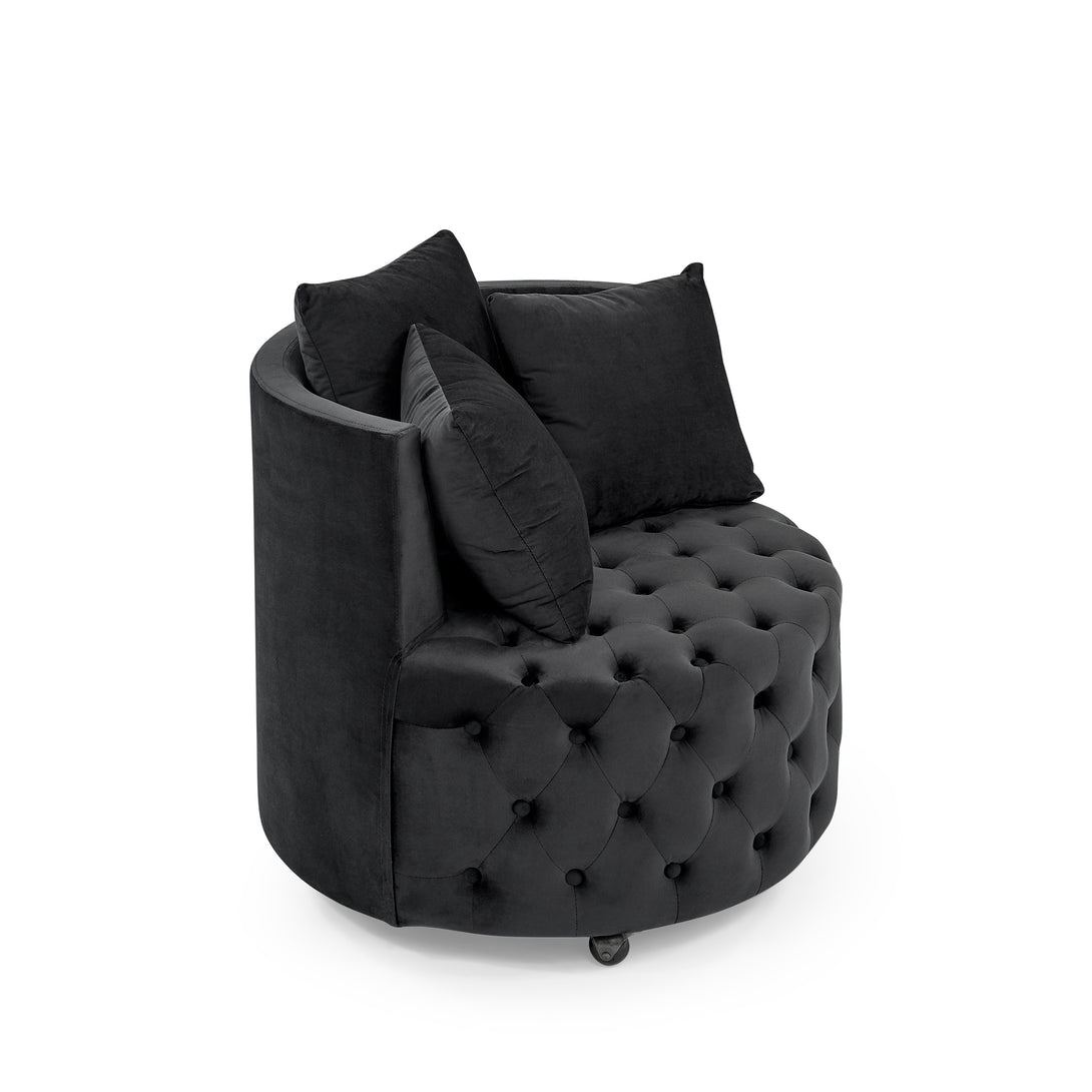 Button Tufted Design Swivel Accent Sofa Barrel Chair with Movable Wheels- Black_7