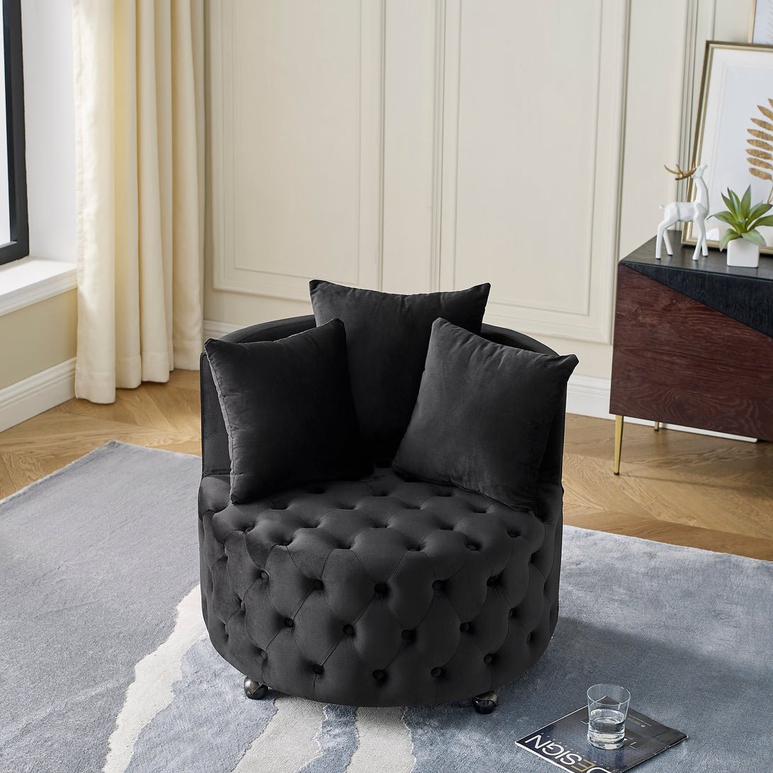 Button Tufted Design Swivel Accent Sofa Barrel Chair with Movable Wheels- Black_4