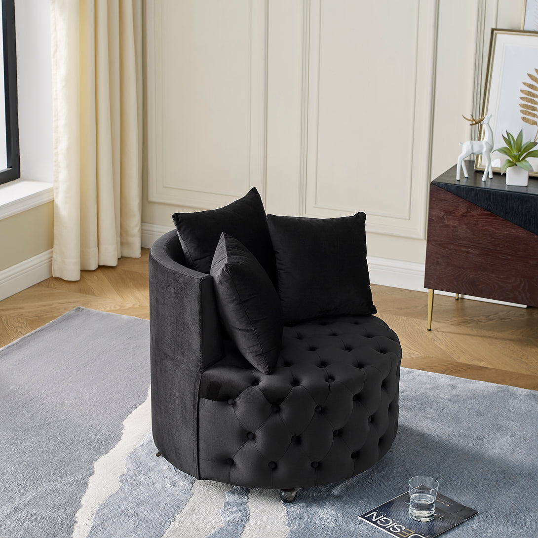 Button Tufted Design Swivel Accent Sofa Barrel Chair with Movable Wheels- Black_3