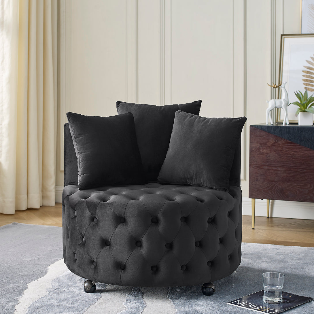 Button Tufted Design Swivel Accent Sofa Barrel Chair with Movable Wheels- Black_1