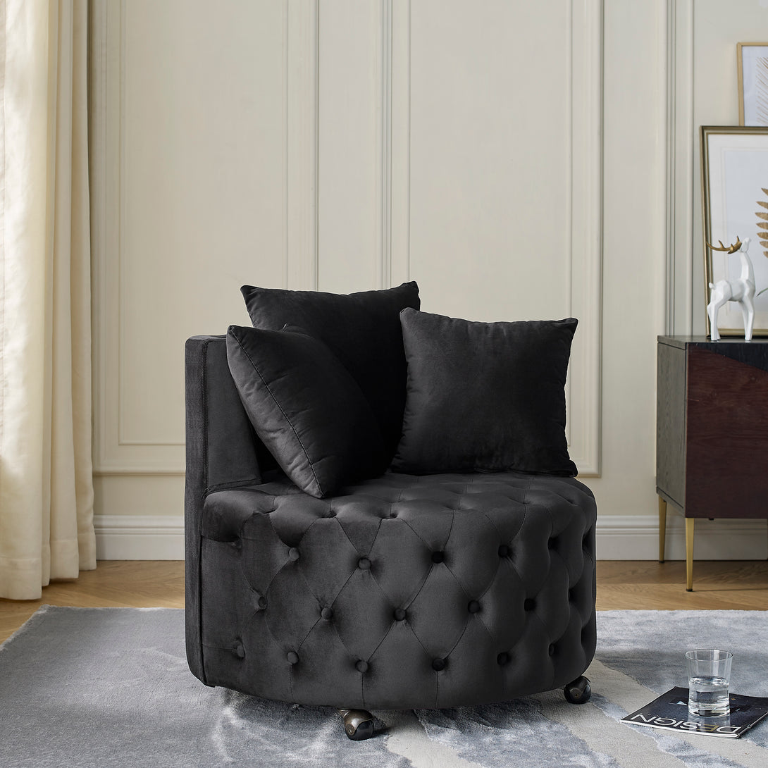 Button Tufted Design Swivel Accent Sofa Barrel Chair with Movable Wheels- Black_2