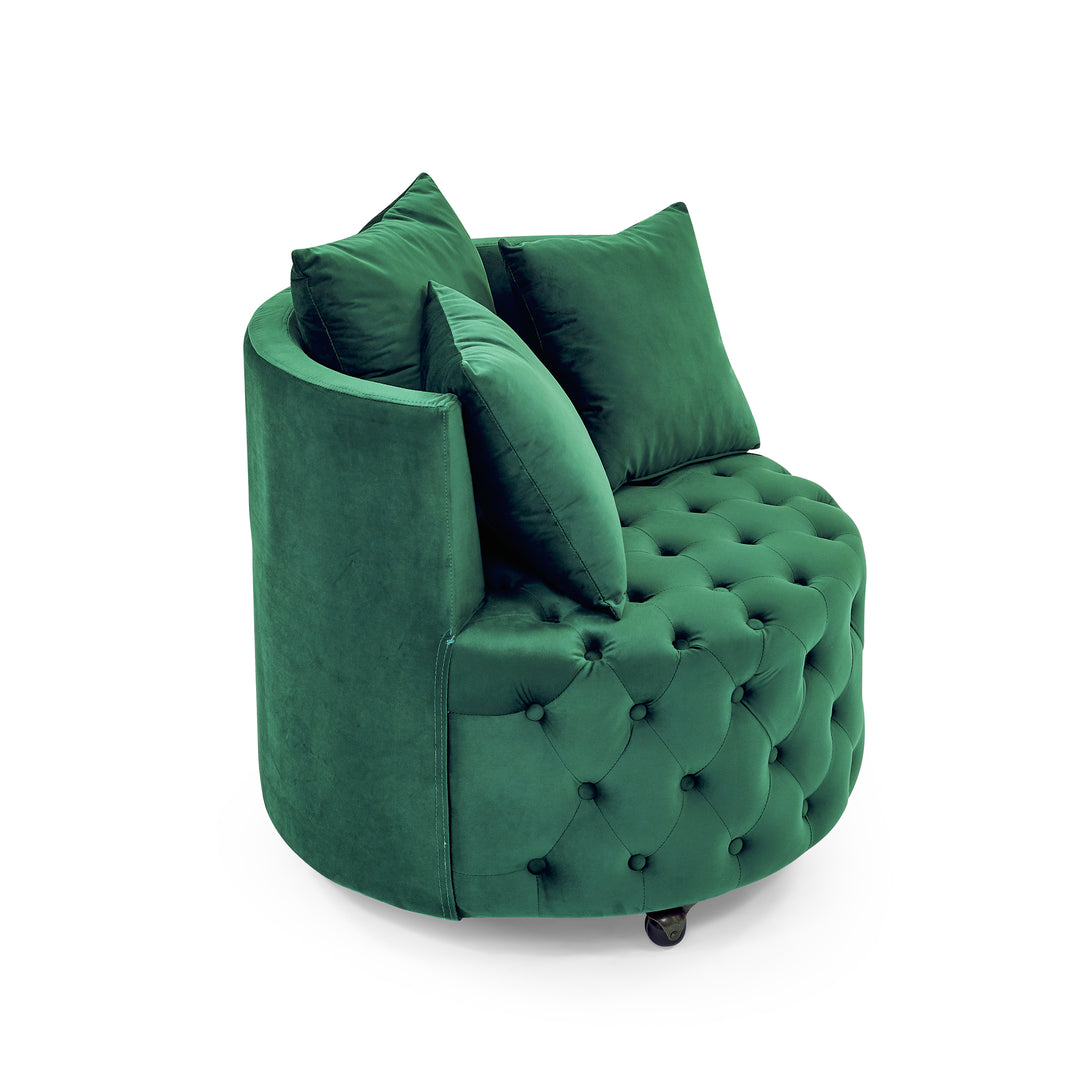 Button Tufted Design Swivel Accent Sofa Barrel Chair with Movable Wheels- Green_7