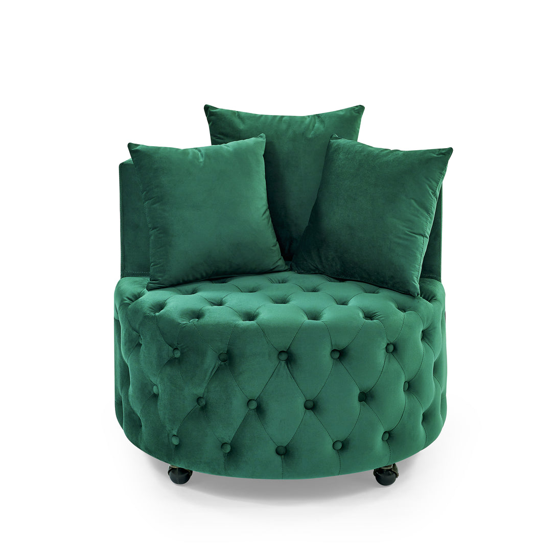 Button Tufted Design Swivel Accent Sofa Barrel Chair with Movable Wheels- Green_5