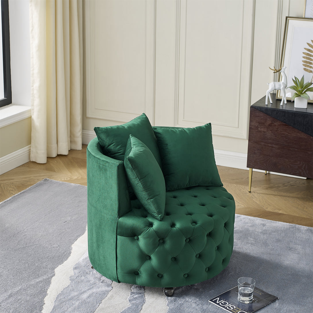 Button Tufted Design Swivel Accent Sofa Barrel Chair with Movable Wheels- Green_4