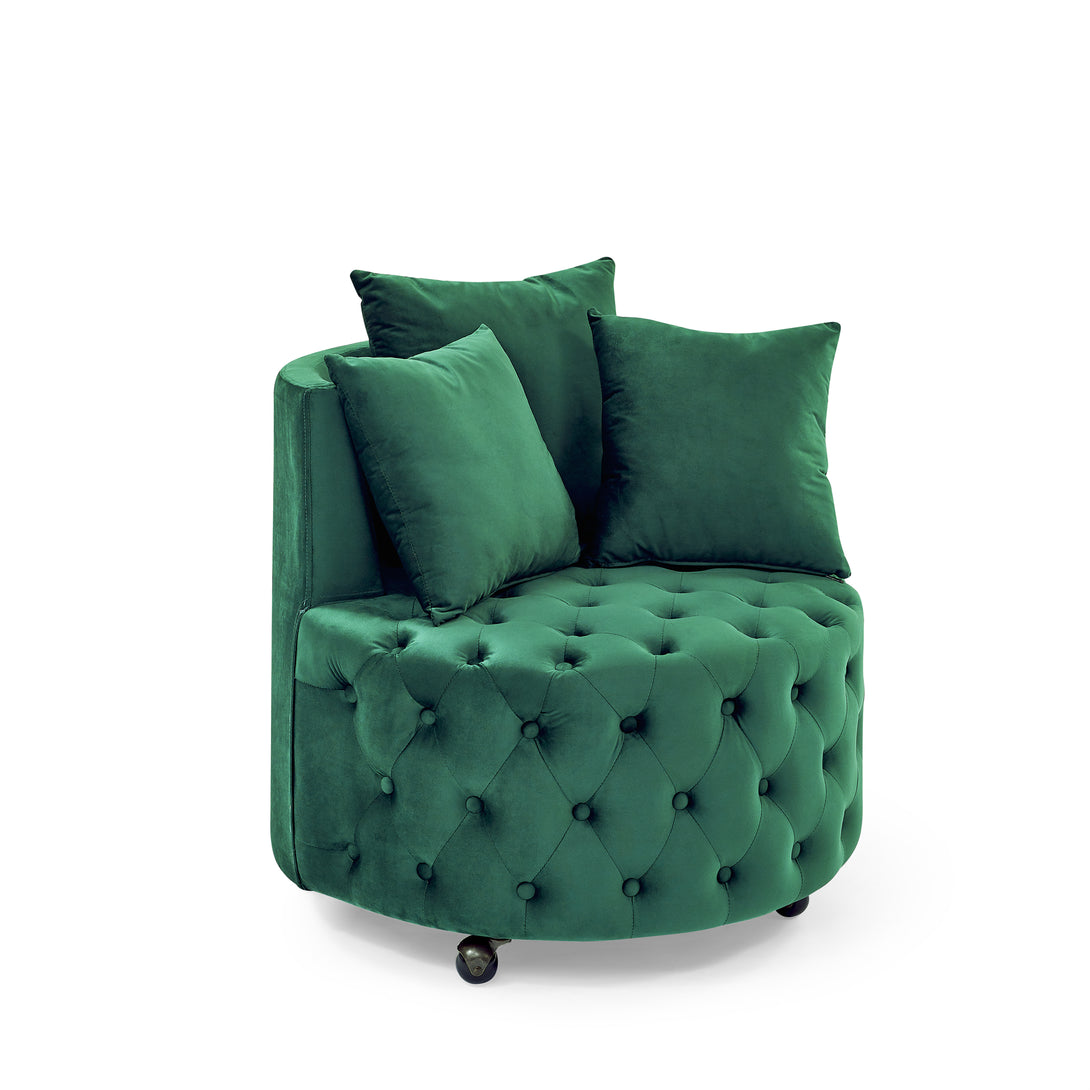 Button Tufted Design Swivel Accent Sofa Barrel Chair with Movable Wheels- Green_6