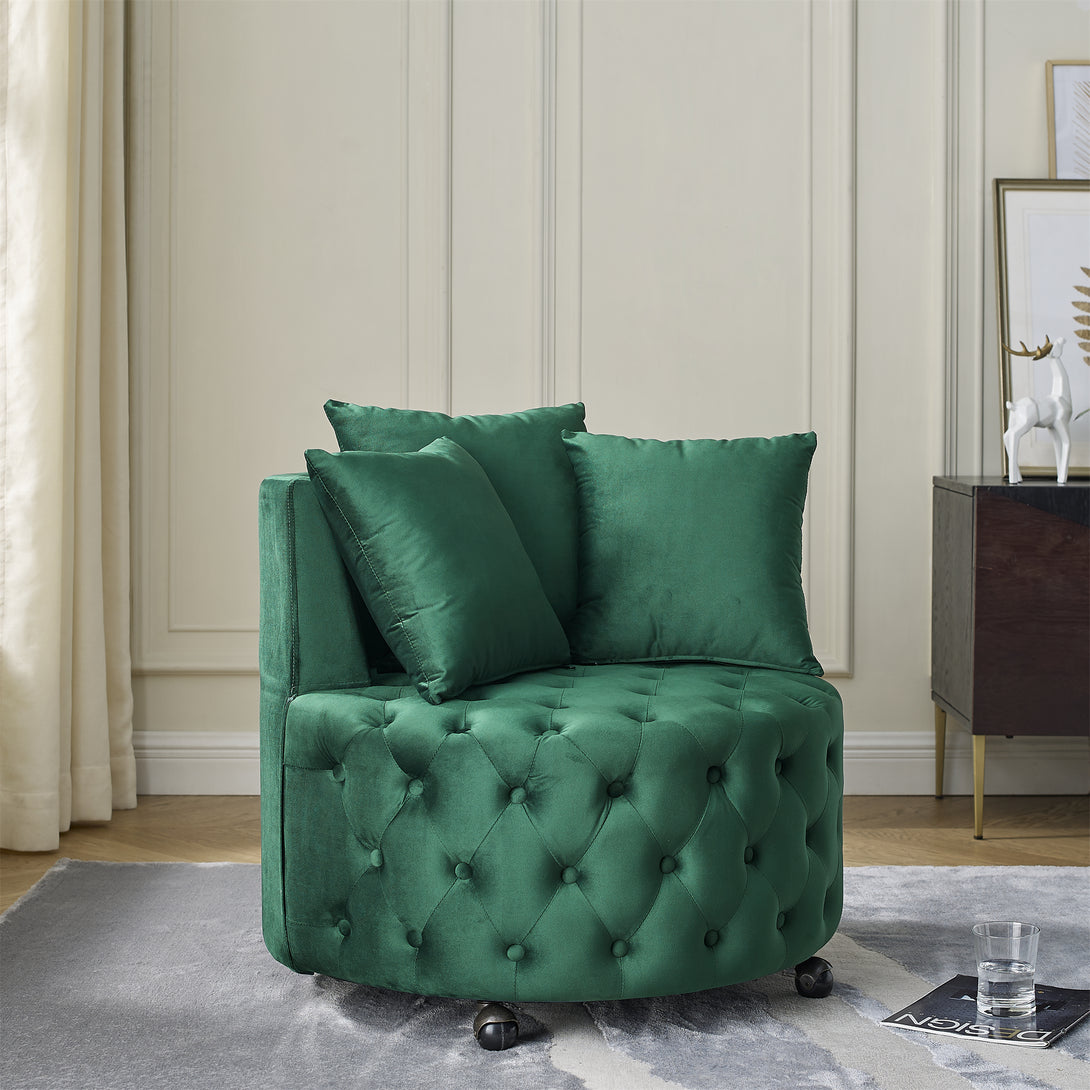 Button Tufted Design Swivel Accent Sofa Barrel Chair with Movable Wheels- Green_3