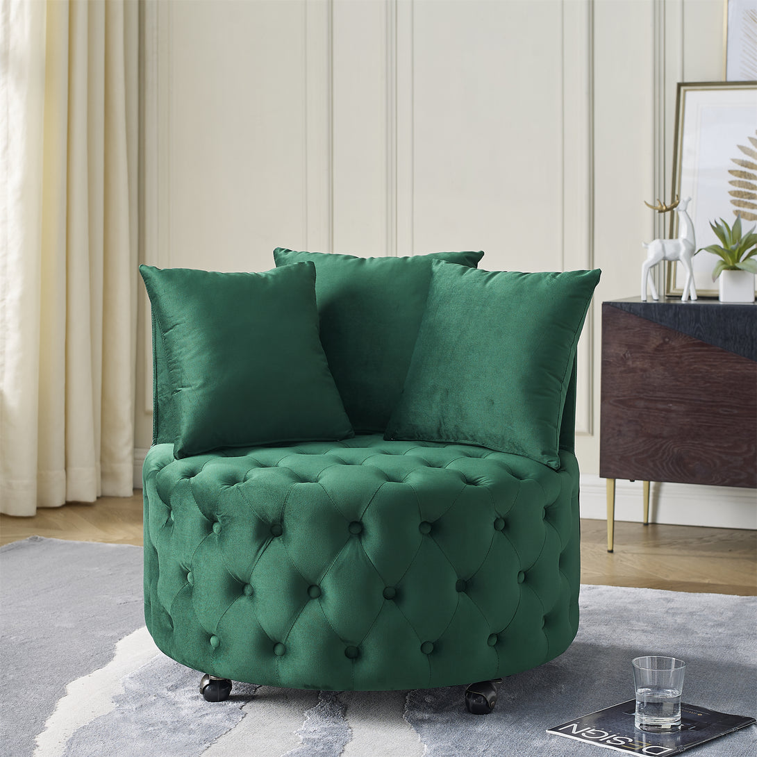 Button Tufted Design Swivel Accent Sofa Barrel Chair with Movable Wheels- Green_1