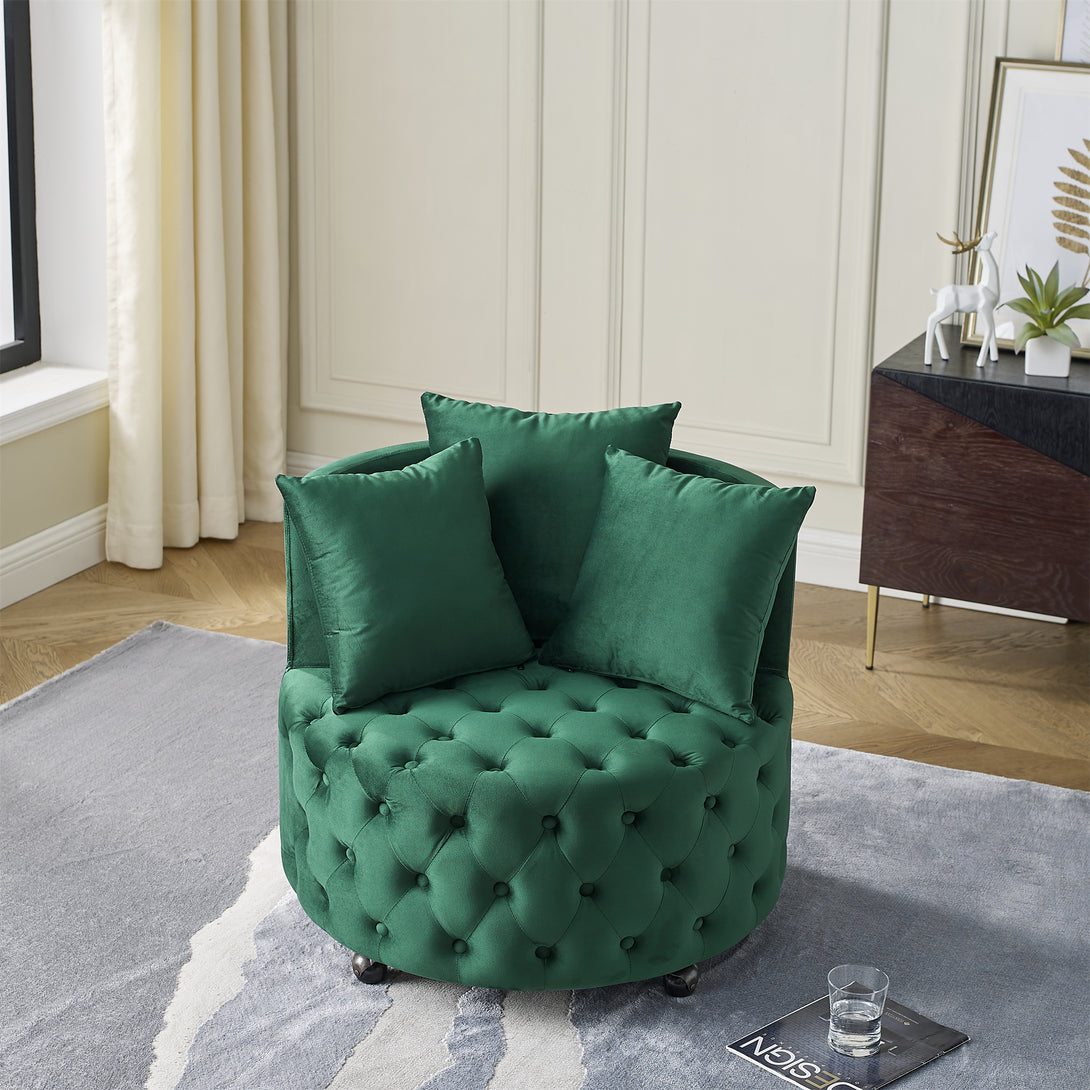 Button Tufted Design Swivel Accent Sofa Barrel Chair with Movable Wheels- Green_2