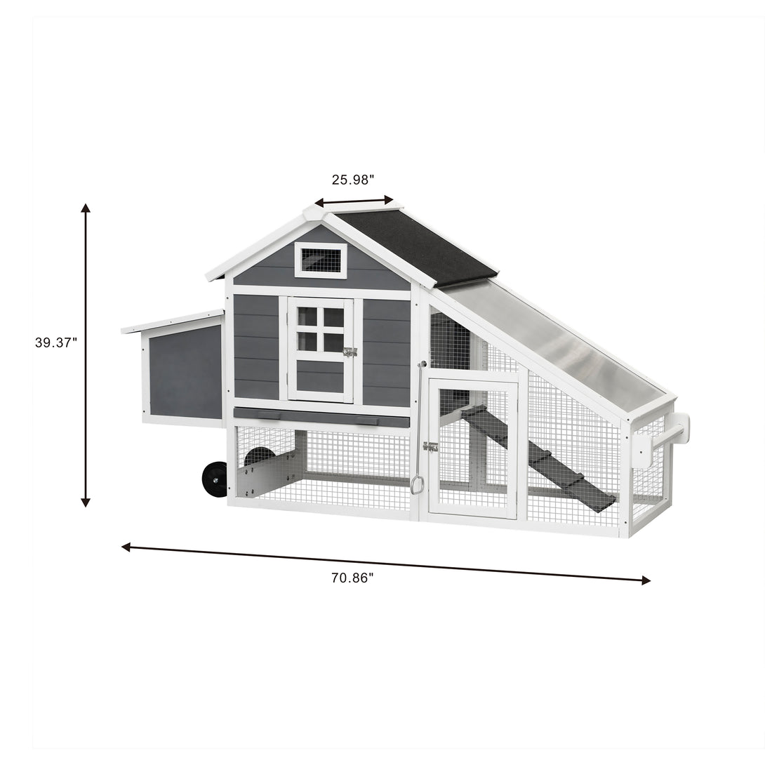 Chicken Coop with Removable Tray and Ramp Portable Outdoor Hutch with Wheels- Gray_2