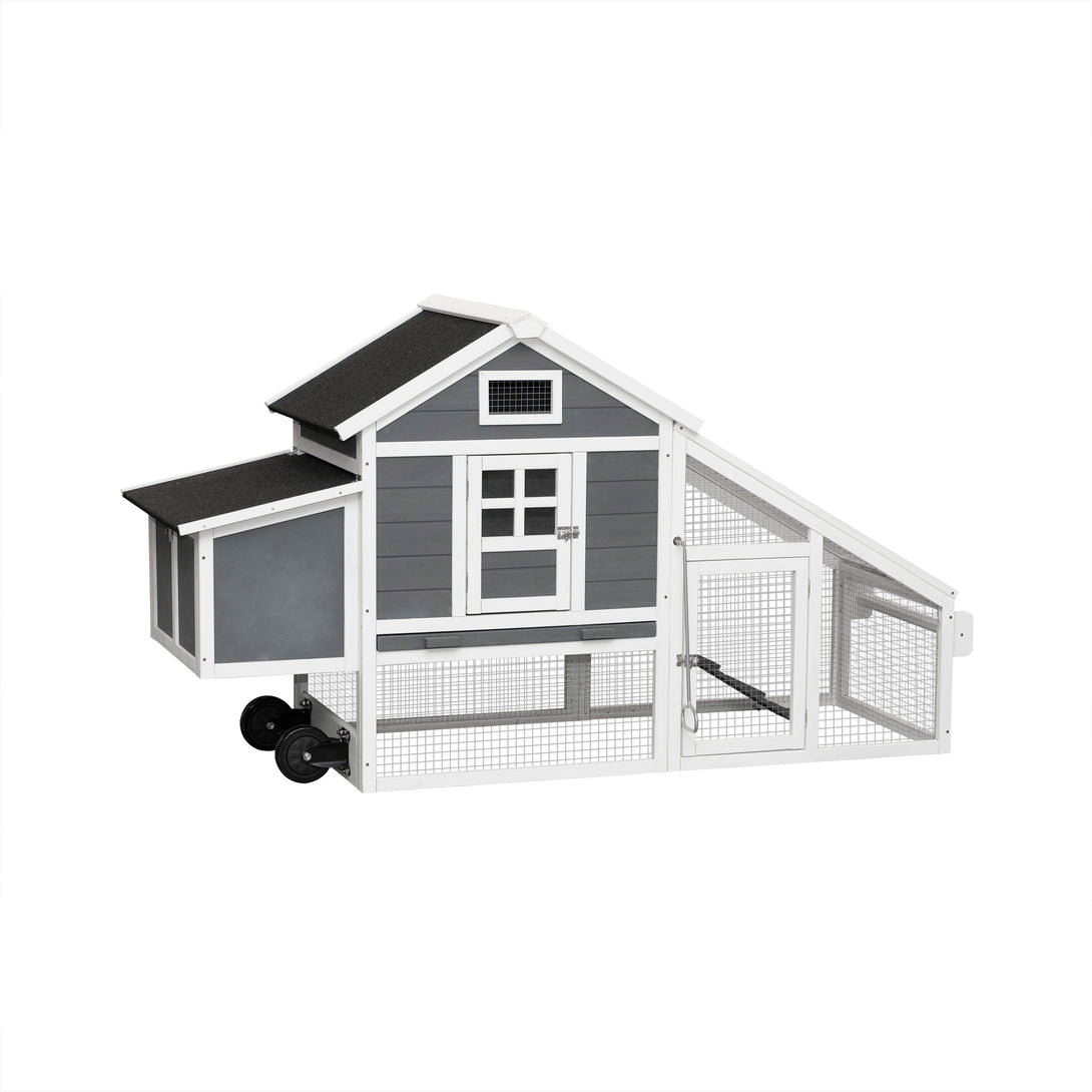 Chicken Coop with Removable Tray and Ramp Portable Outdoor Hutch with Wheels- Gray_5